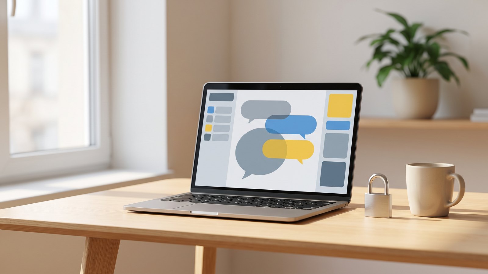 Aufgeklappter Laptop auf einem Holztisch, der Bildschirm zeigt farbige Sprechblasen eines Team-Chats, daneben ein geschlossenes Vorhängeschloss und eine Kaffeetasse