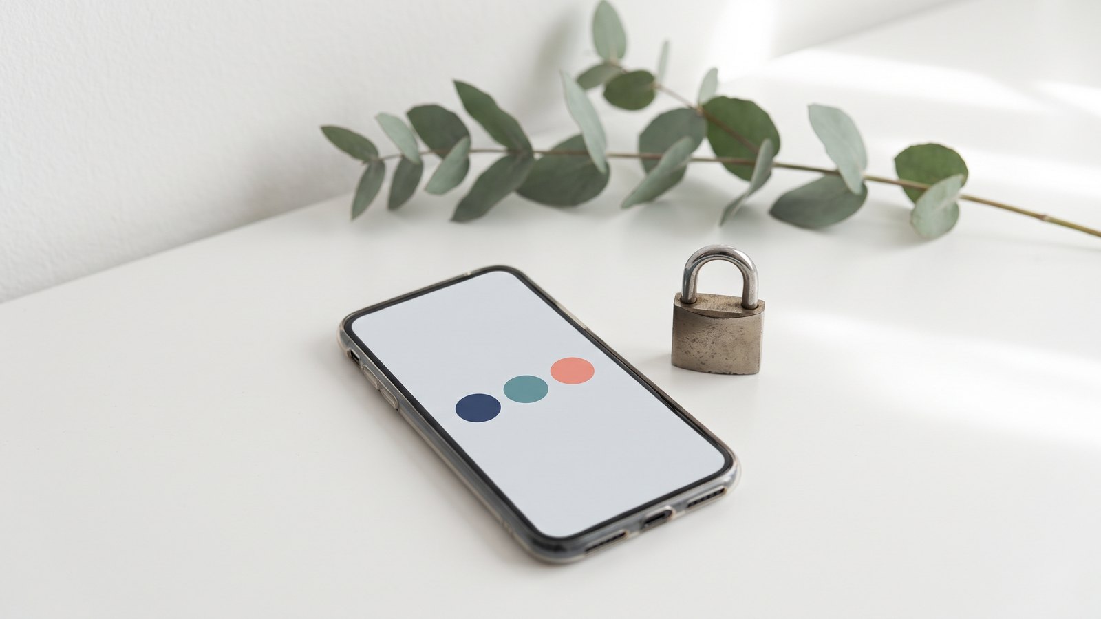 Smartphone auf einem weißen Tisch, der Bildschirm zeigt drei runde Teilen-Schaltflächen, daneben ein geschlossenes Vorhängeschloss und ein Eukalyptuszweig