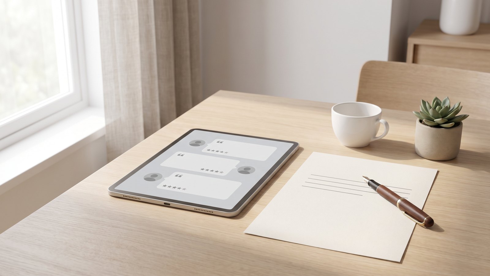 Tablet mit drei Kundenstimmen-Karten und Sternebewertungen, daneben ein Blatt Papier mit Füllfederhalter auf einem hellen Schreibtisch.